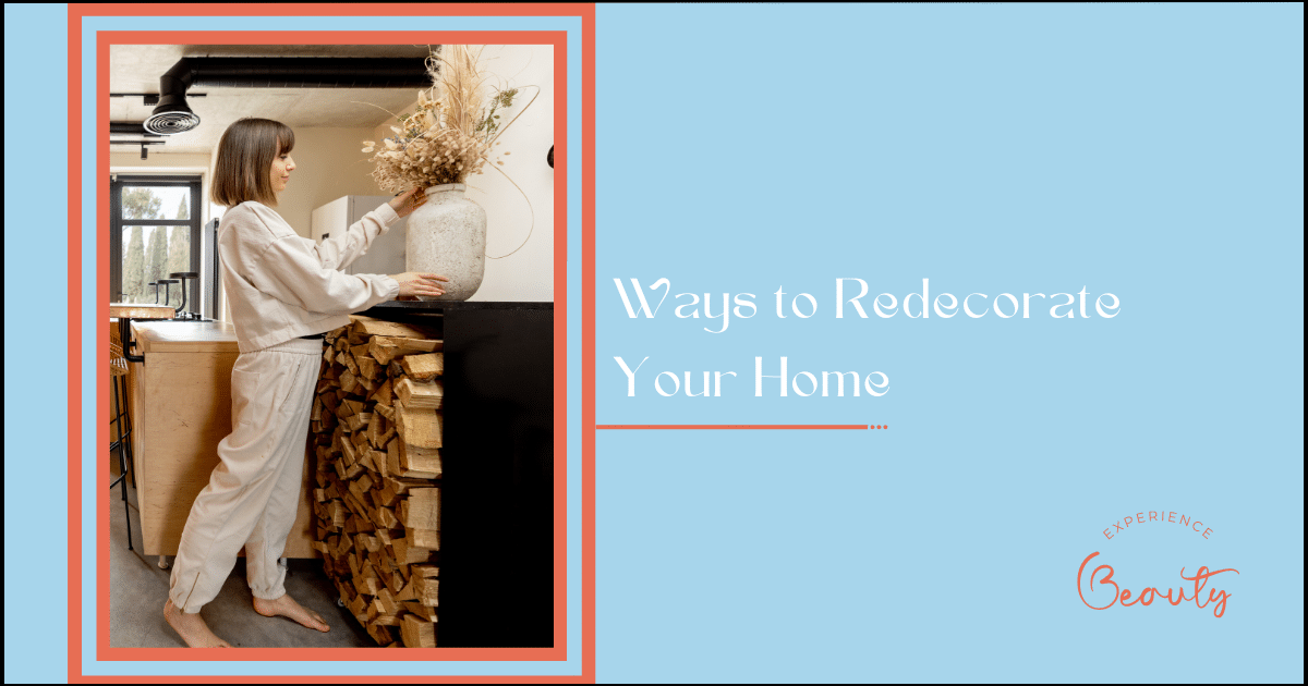 Ways to Redecorate Your Home Banner Image - Young woman decorating home, putting dried flowers in vase on a shelve. Wide angle view on stylish living room interior. Concept of design and interior improvement