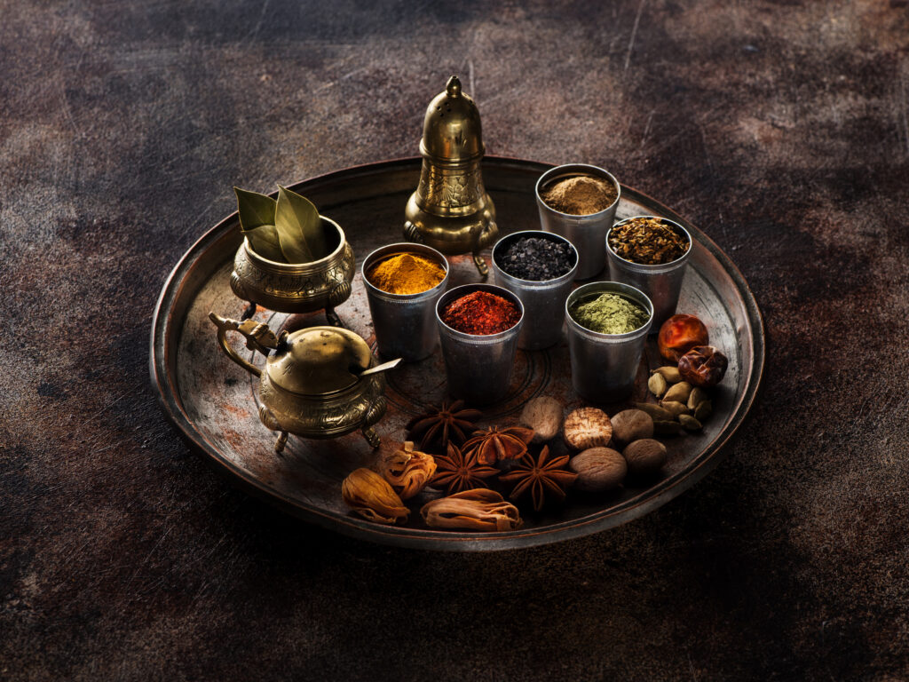 Indian spices. spices seasoning spicy and herbs on a dark background.