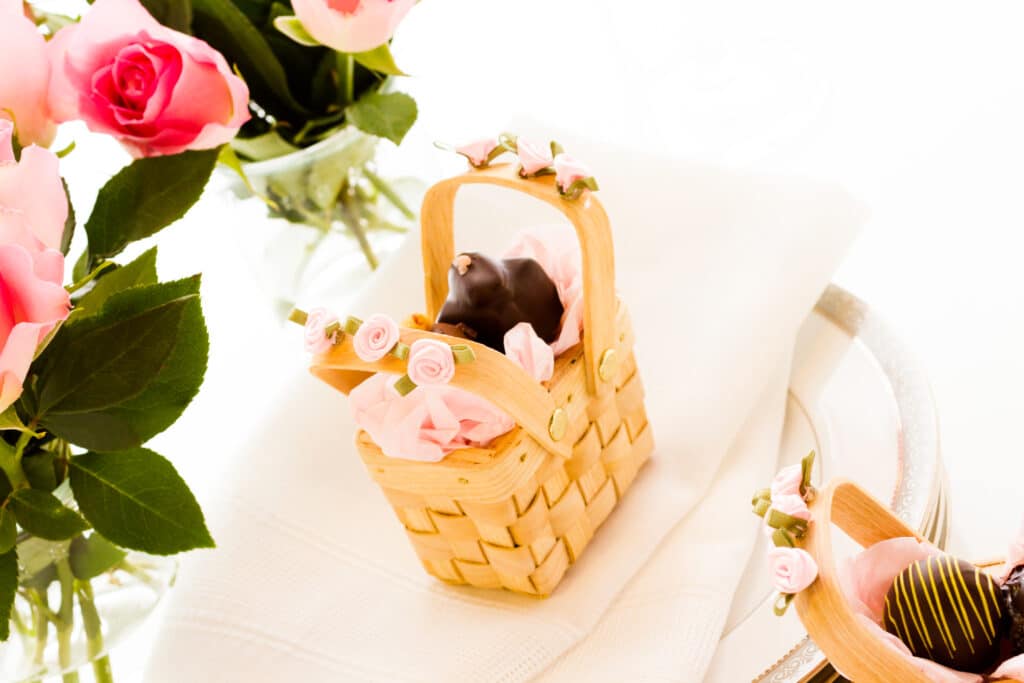 Miniature picnic baskets favor boxes filled with truffles